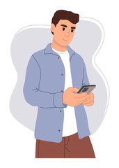 Man using mobile phone. Modern vector flat illustration.