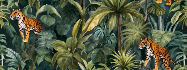 Foto auf Alu-Dibond Jungle scene in watercolor, forming a captivating retro wallpaper pattern with a touch of vintage charm. © xKas