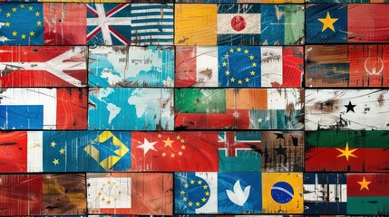 A wall covered in flags from around the world. The flags are in different colors and sizes. Collage of various international - obrazy, fototapety, plakaty