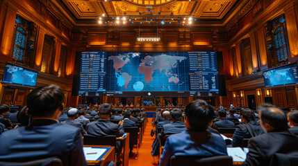 Naklejka premium Investment summit in a grand hall