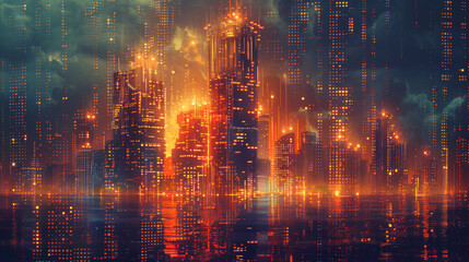 Futuristic cityscape with towering skyscrapers, represents a different sector of the economy - finance, technology, manufacturing