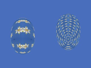 Easter eggs - abstract graphics with white flowers of Leucojum vernum, Spring snowflake, 3D effect and blue color. Topics: Easter decorations, card, spring flora motifs, flowering, holiday season