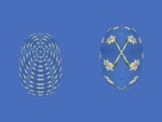Easter eggs - abstract graphics with white flowers of Leucojum vernum, Spring snowflake, 3D effect and blue color. Topics: Easter decorations, card, spring flora motifs, flowering, holiday season