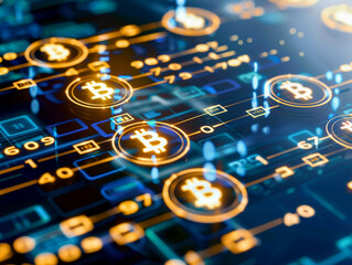Bitcoin symbols on a digital blue circuit board, illustrating cryptocurrency technology.