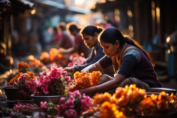 Women at a flower market in the city selling natural foods and whole foods