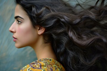 Arab woman hair colorful background. Fashion person model with cute smile. Generate Ai