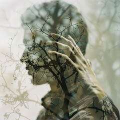 double exposure of hands and tree branches