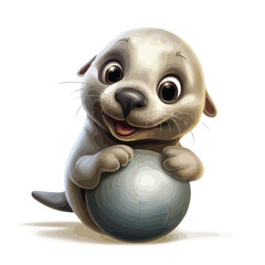 A playful seal balancing a ball on its nose. 