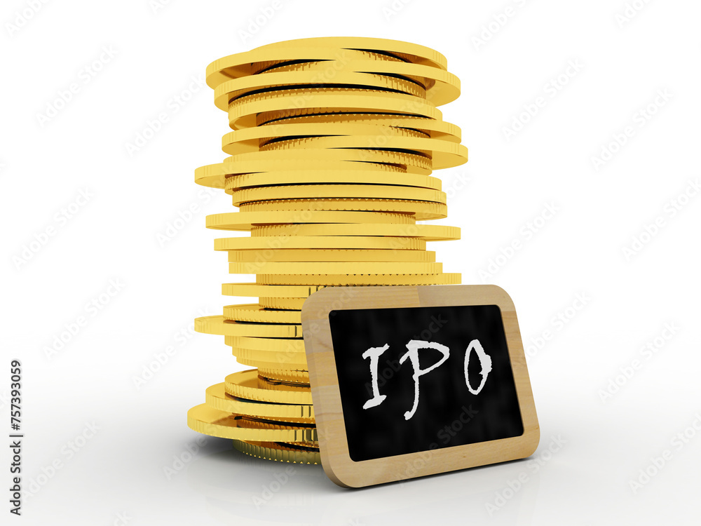 Poster 3d rendering initial public offering with gold coin