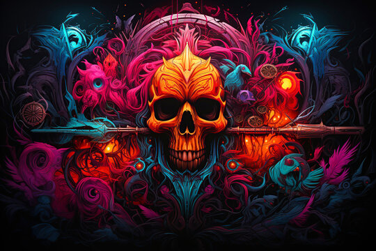 Neon color cyber skull illustration