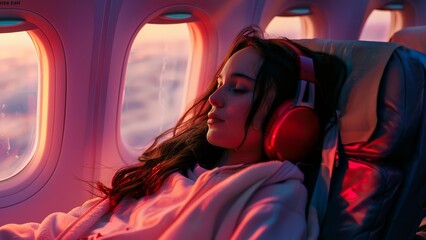 A beautiful girl with headphones sleeping on a flight