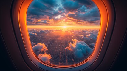 Sunset view through the plane window
