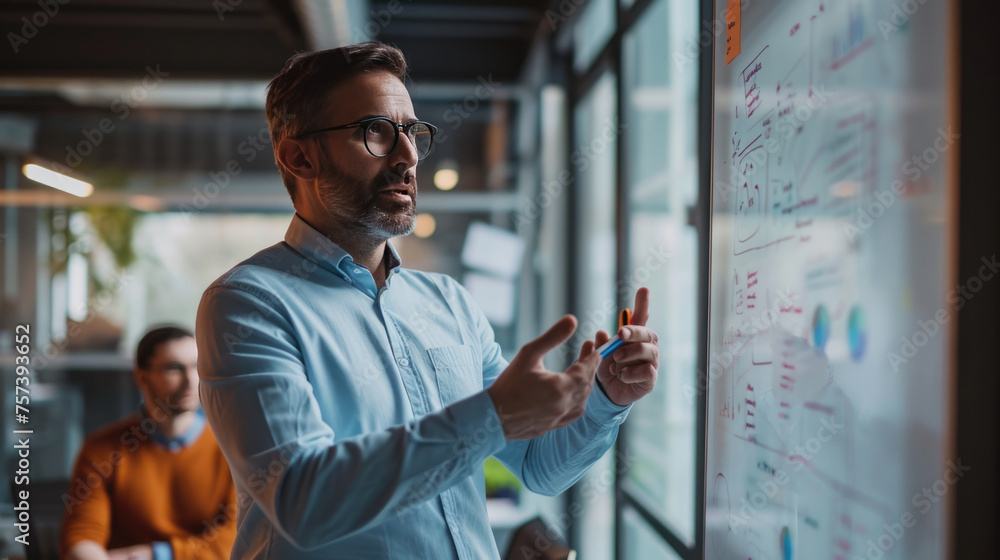 Poster man presenting or explaining something in front of a whiteboard with various colorful charts, diagra