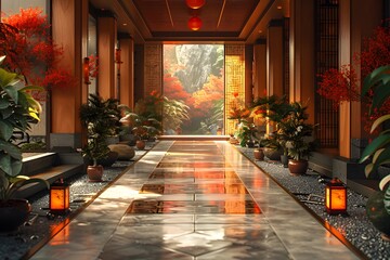 an Asian-inspired hallway, with clean lines, subtle lighting, and tasteful decor, creating a sense of flow and harmony in cinematic 16k realism.