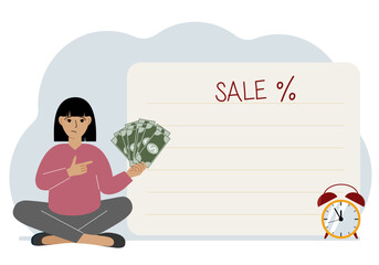 The women sits cross-legged and holds a lot of cash. Nearby is a poster with the text sale and a percent sign. Sale, discount or black friday concept.
