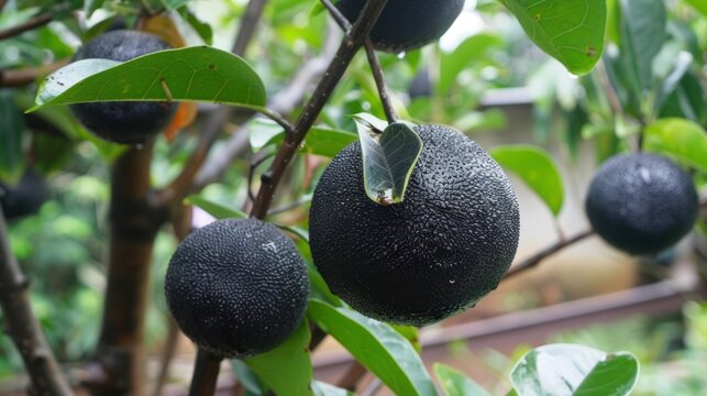 Ma Fai, round, black fruit, thick peel, on the tree.