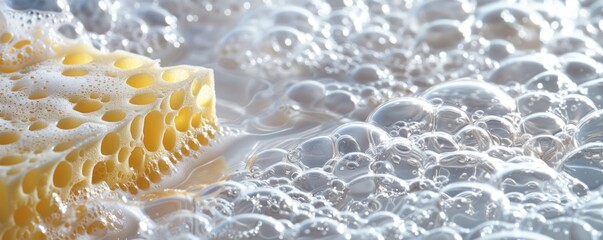 Close-up of a yellow sponge and soap bubbles. Concept: cleaning, hygiene. - obrazy, fototapety, plakaty