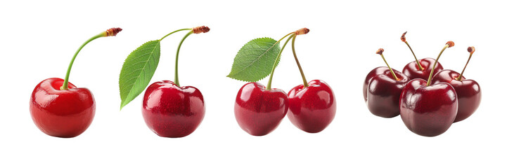 Set of Fresh Cherries with Stems and Leaves Isolated on Transparent Background. cut out. PNG - obrazy, fototapety, plakaty