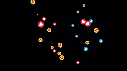 Social media emojis of heart eyes smilies, likes, hearts animation exploding on transparent background, 4k alpha channel