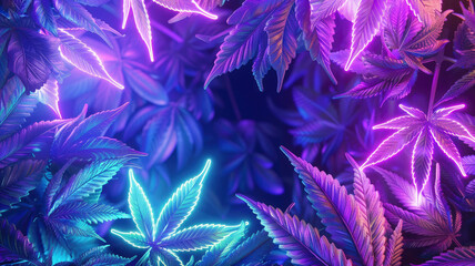 neon frame purple cannabis leaves bright cannabis weed - obrazy, fototapety, plakaty
