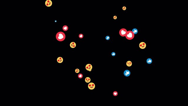 Social media emojis of heart eyes smilies, likes, hearts animation exploding on transparent background, 4k alpha channel