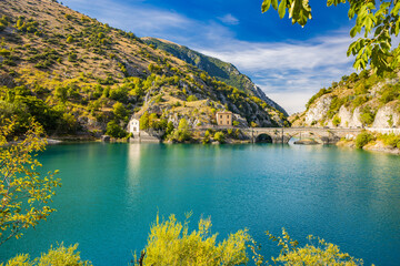 Lake San Domenico, in the Sagittario Gorges, in Abruzzo, L'Aquila, Italy. The small hermitage with...