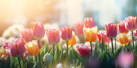 Deurstickers Spring Tulips, A field of pink tulips, Spring landscape field with colorful tulips, Beautiful pink tulip flowers, Spring nature background, Generative AI  © shabnam