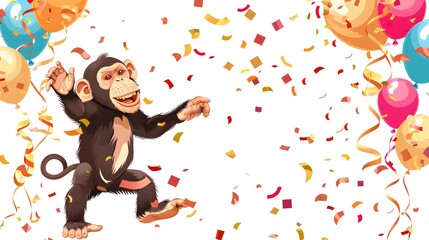 Funny cartoon party monkey with air balloons and confetti isolated over white background. Colorful joyful greeting card for birthday or other festive events. Created with generative Ai
