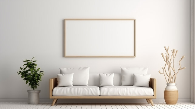 a white couch with pillows and a framed picture on the wall