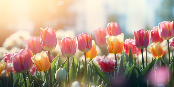 Spring Tulips, A field of pink tulips, Spring landscape field with colorful tulips, Beautiful pink tulip flowers, Spring nature background, Generative AI 