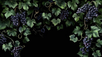 Lush grapes with detailed leaves and clusters of ripe grapes. Artistically arranged on pitch black. - obrazy, fototapety, plakaty
