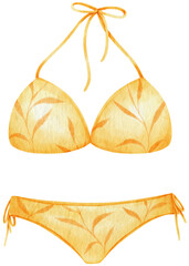 Yellow two piece bikini swimsuits watercolor style for Summer Decorative Element