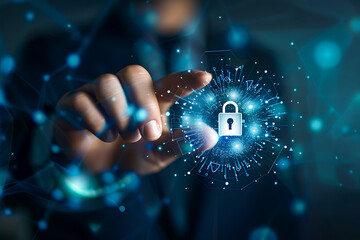 A cybersecurity expert activates virtual encryption, symbolizing advanced protection in the digital network space