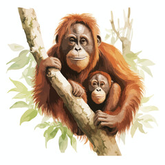 A wise old orangutan grooming its young in the treeto