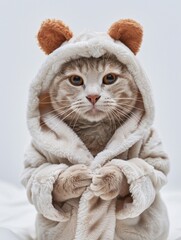 A cat dressed in a cute hooded robe with bear ears looks directly at the camera