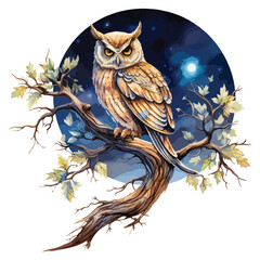 A wise old owl perched on a branch gazing