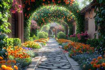 a European-style garden, with manicured hedges, colorful blooms, and charming pathways, captured in ultra HD 16k detail. - obrazy, fototapety, plakaty