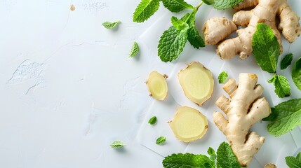 Ginger root with slice and mint leaf on white paper background , top view , flat lay. - obrazy, fototapety, plakaty