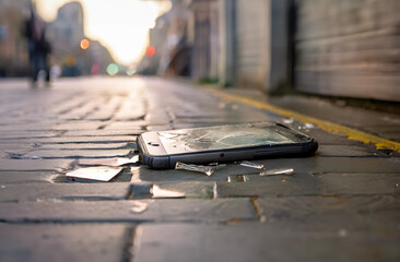 Broken mobile phone lies on uneven pavement with broken glass all around. Selective focus and shallow depth of field. - 757395086