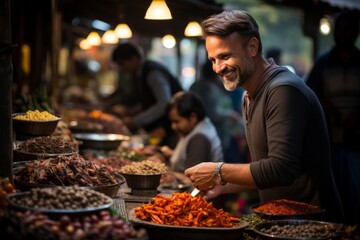 Man selling exotic spices for sharing tasty recipes at food market event - obrazy, fototapety, plakaty