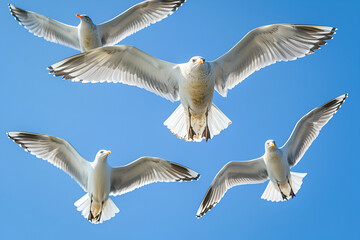 A flock of seagulls soars against a clear blue sky, wings spread wide and flying on the ocean breeze