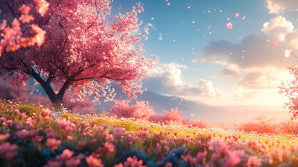 vibrant spring landscape florals, sakura tree, springtime nature
