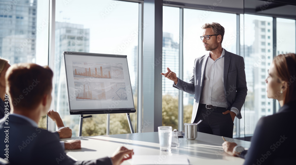 Poster man pointing towards a data chart on a screen, giving a business presentation or analysis in the off