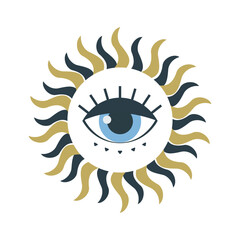 Blue eye. Turkish amulet against the evil eye. Guardian Nazar. Traditional magic attribute in the shape of a beige sphere with rays similar to the sun isolated on a white background. Vector.