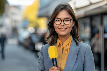 A professional asian journalist wearing glasses holds a yellow microphone in front of her and reports the news - obrazy, fototapety, plakaty