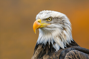 Obraz premium A majestic bald eagle close-up, its piercing gaze and intricate feather details highlighted against a soft, muted background