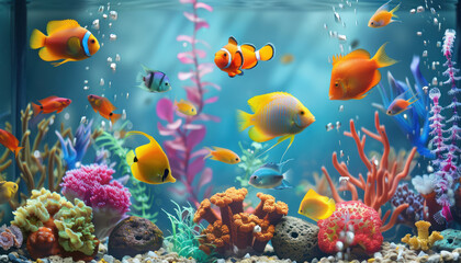 Fototapeta na wymiar : tropical fish swimming in a home aquarium with coral decorations
