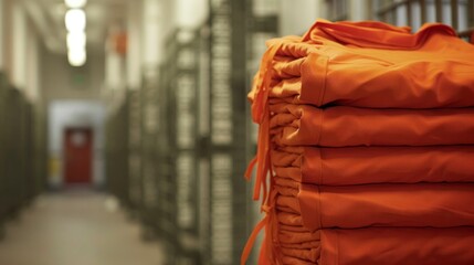 Folded orange prison suit washed inside the prison in a cell in high resolution and high quality. prison clothing concept - obrazy, fototapety, plakaty