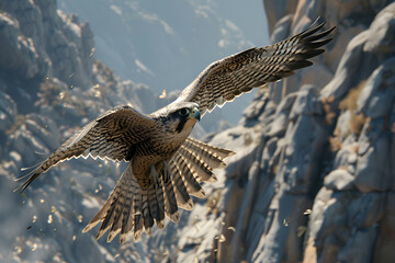 A falcon diving into the air with incredible speed and precision, its streamlined form and fierce expression captured in stunning detail against the backdrop of the rocky mountains