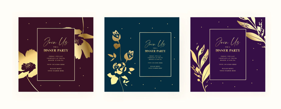 Set of dinner invitation post template with luxury. floral. gold. EPS vector illustration